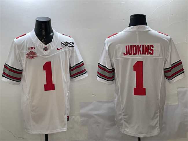 Men%27s Ohio State Buckeyes #1 Quinshon Judkins White 2025 CFP Final With National Champions Patch F.U.S.E. Vapor Limited Stitched Jersey